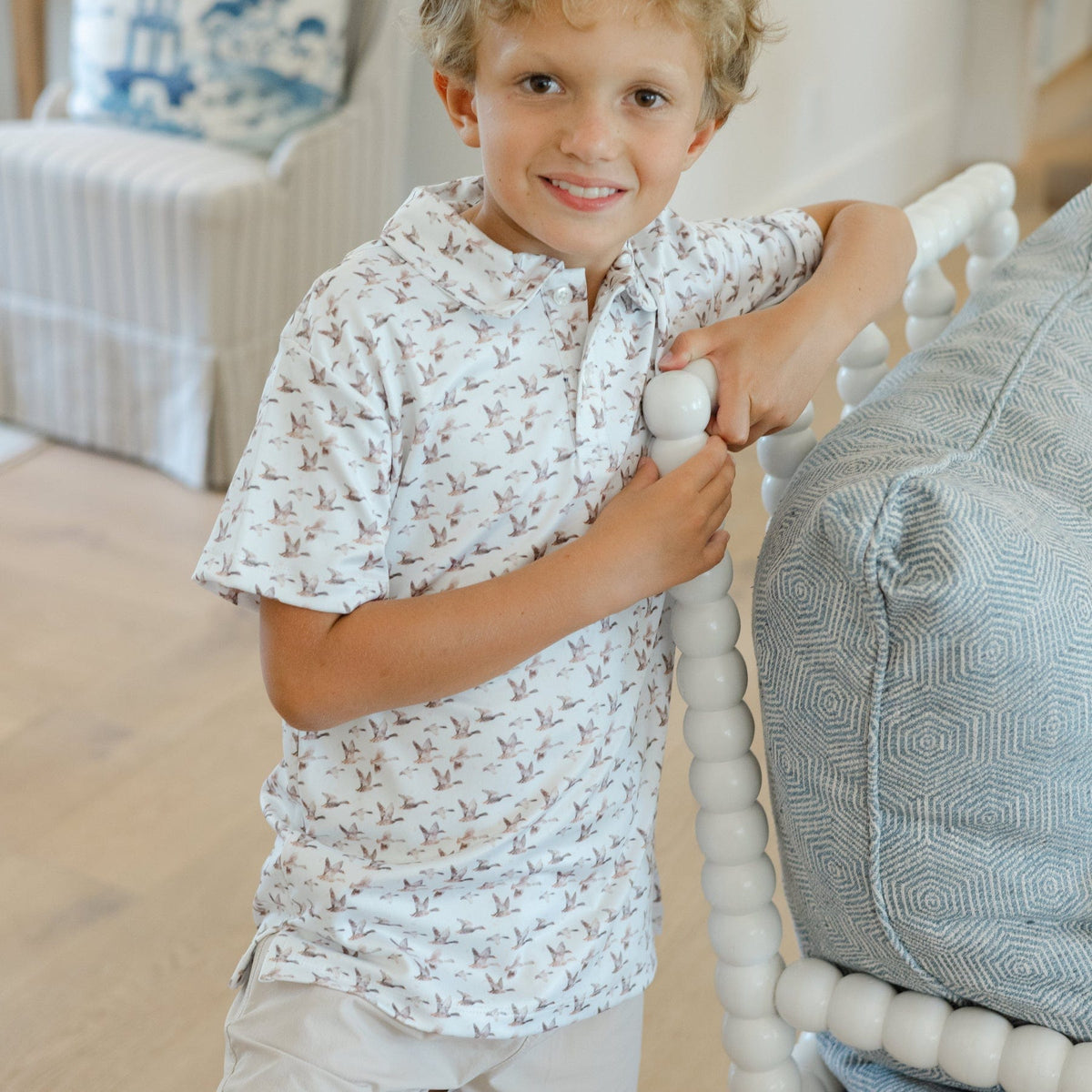 Bailey Boys Henry Short Sleeve Performance Polo, Ducks on Tan - Little Miss Muffin Children & Home