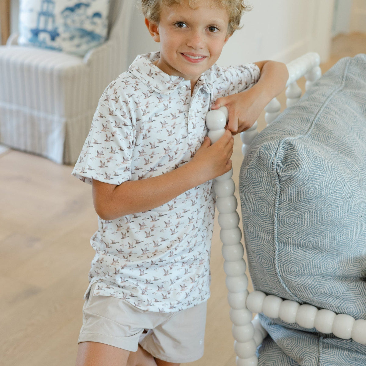 Bailey Boys Henry Short Sleeve Performance Polo, Ducks on Tan - Little Miss Muffin Children & Home