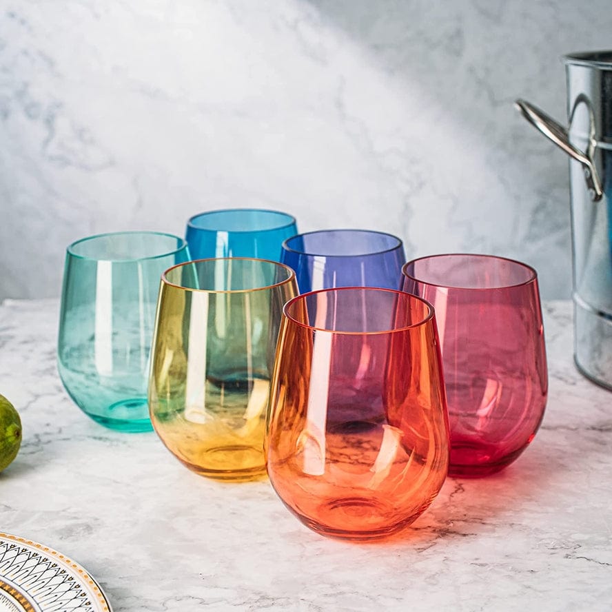 Unbreakable colored stemless acrylic wine glasses, set of 6