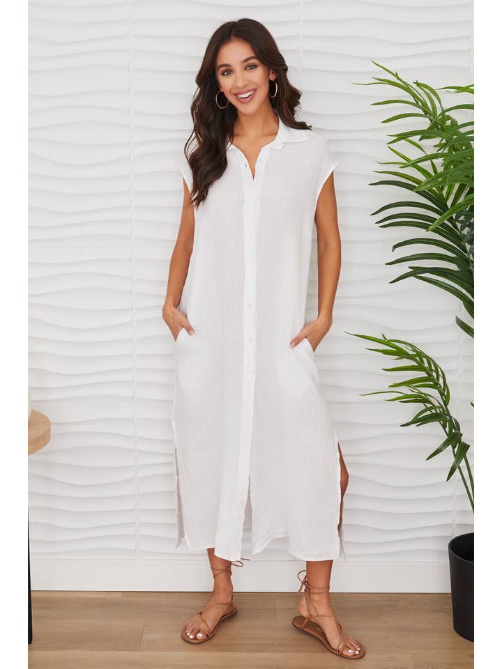 Crinkle Linen Sleeveless Midi Shirt Dress in White