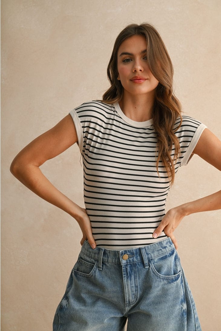 Miou Muse Ribbed Striped Cap Sleeve Bodysuit in Stone/Black - Little Miss Muffin Children & Home