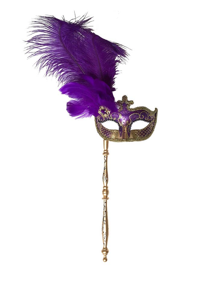 Mardi Gras Creations Purple & Gold Anarkali Mask with Feathers & Detachable Stick - Little Miss Muffin Children & Home