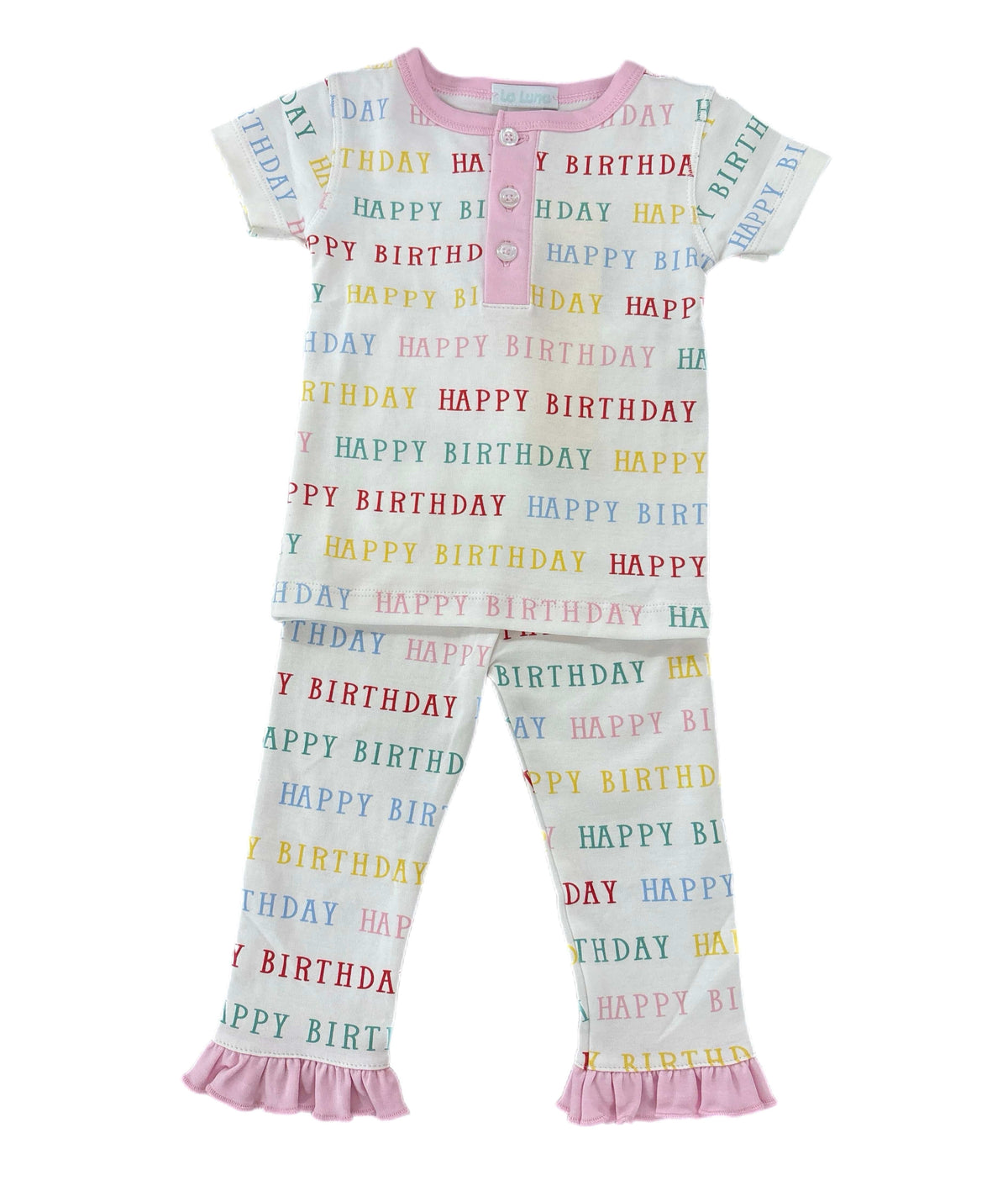 Lulu Bebe Happy Birthday Short Sleeve PJ Set with Pink Trim - Little Miss Muffin Children & Home