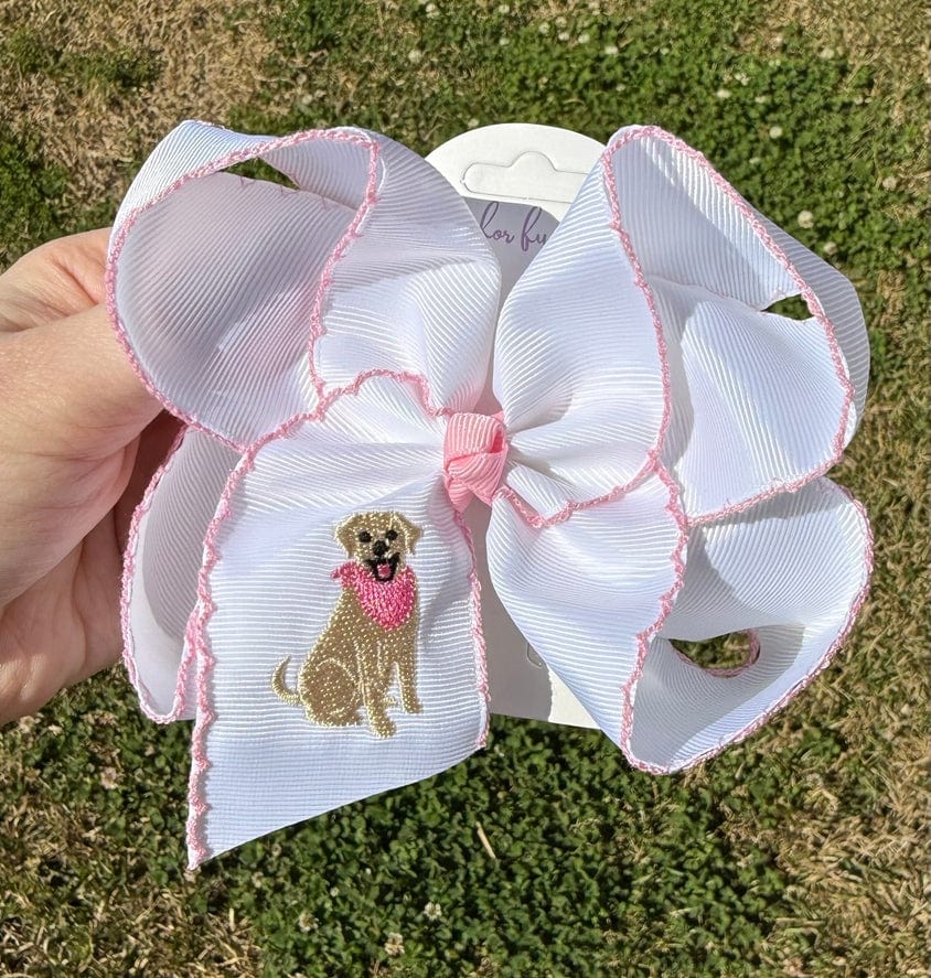 Just For Fun Threads Girl Dog Embroidered Moonstitch Hair Bow 5.5" - Little Miss Muffin Children & Home
