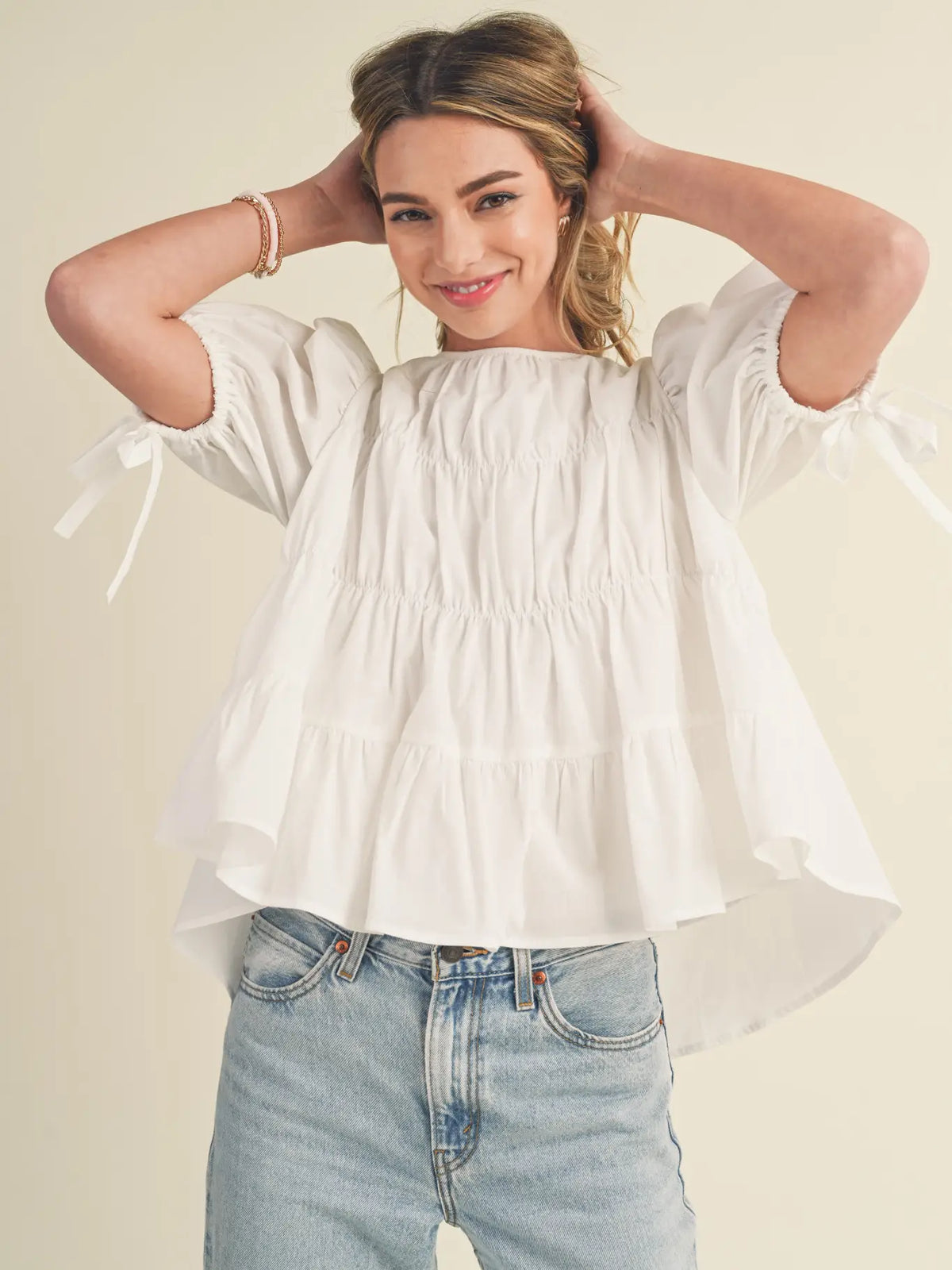 Tiered Puff Sleeve Top in Off White