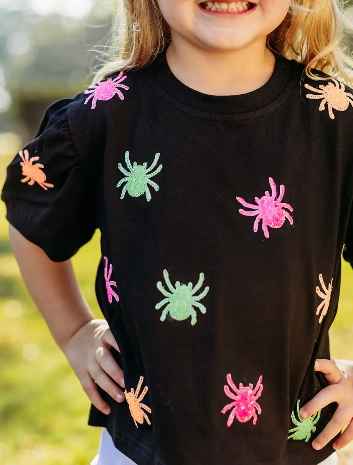 Black and multicolor puff sleeve spiders top for girls