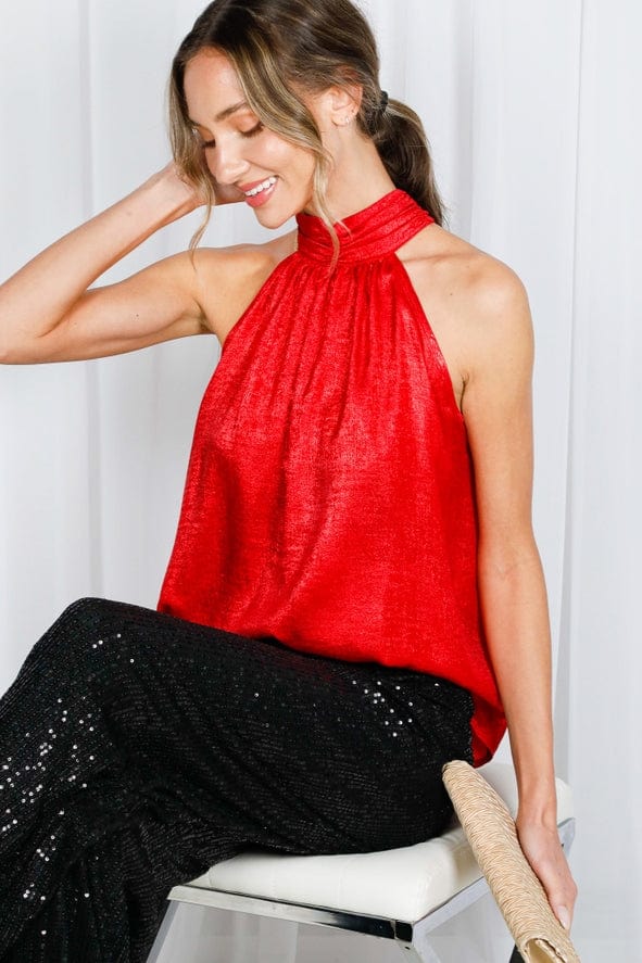 Vine & Love Vine & Love Metallic Halter Neck Tie Back Blouse in Red - Little Miss Muffin Children & Home