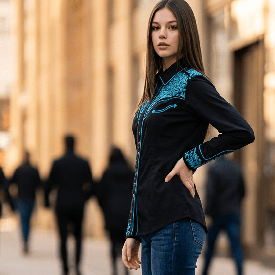 Rockmount Ranch Wear Women's Vintage Black & Turquoise Tooling Embroidered Western Shirt - Little Miss Muffin Children & Home