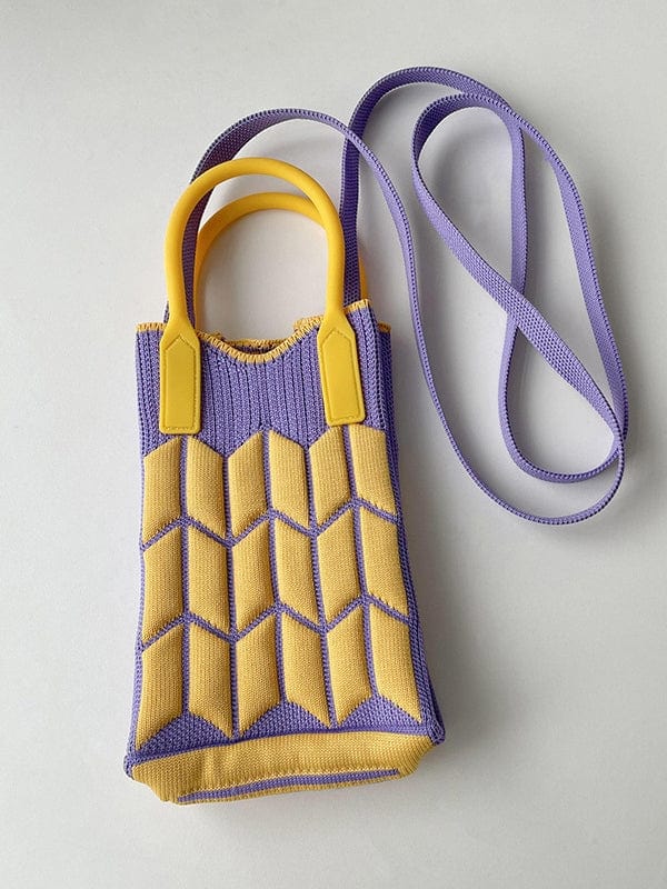 FurDecoration Purple & Gold Contrast Geometric Knit Bag with Silicone Handle and Long Knit Strap - Little Miss Muffin Children & Home