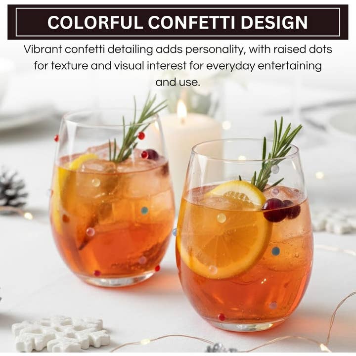 Confetti stemless tumbler wine glass, side view