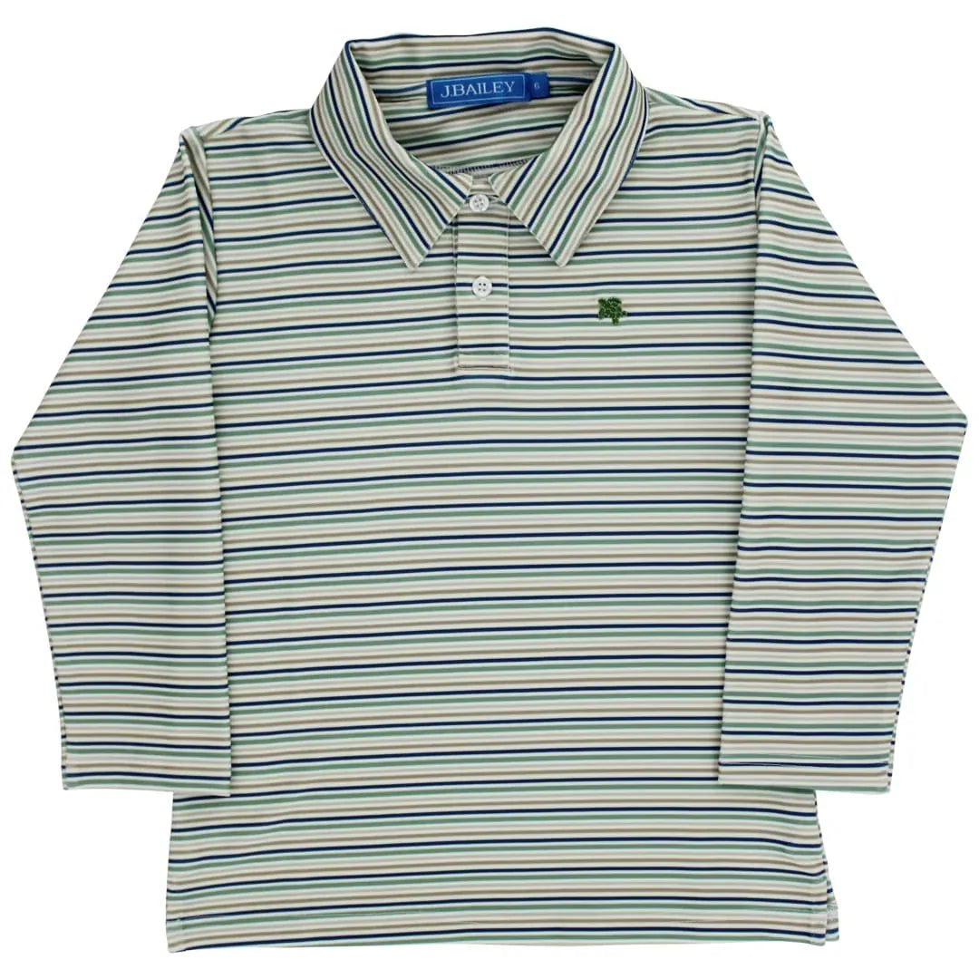 Boys' Olive Striped Long Sleeve Performance Polo
