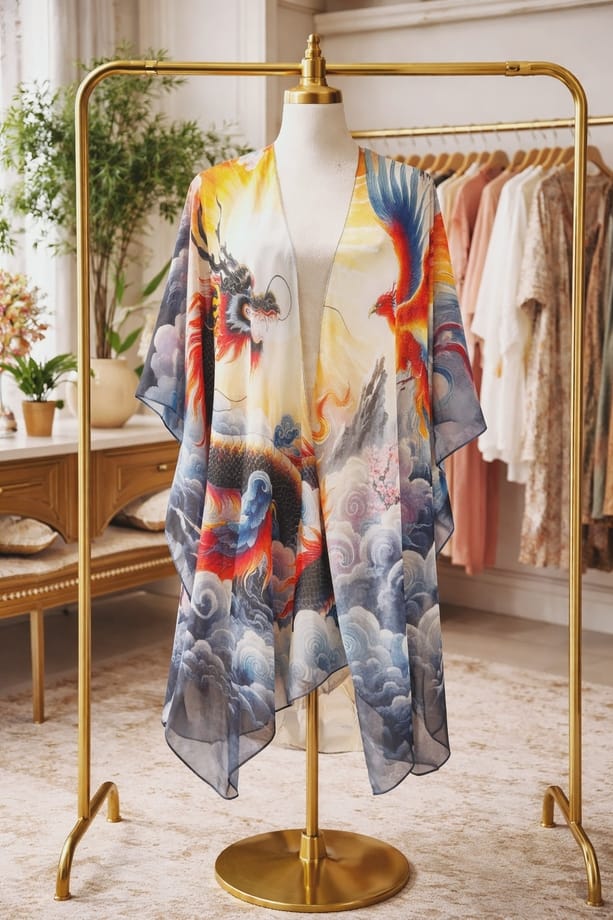 JC Sunny Fashion Multicolor Dragon & Phoenix Cloudscape Open-Front Kimono Cover-Up - Little Miss Muffin Children & Home