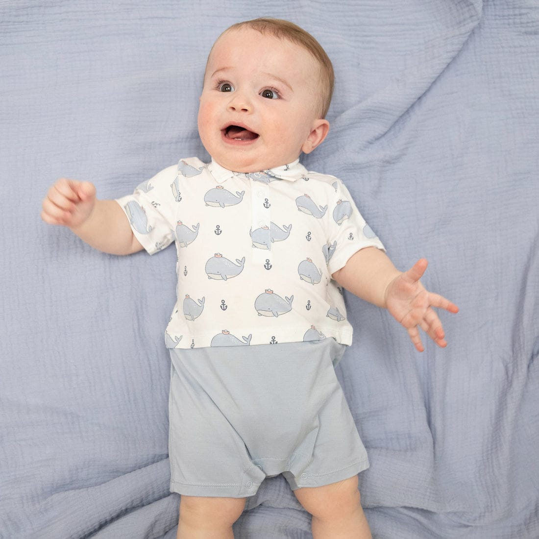 Bubbly Sailor Whales Blue Short Playsuit