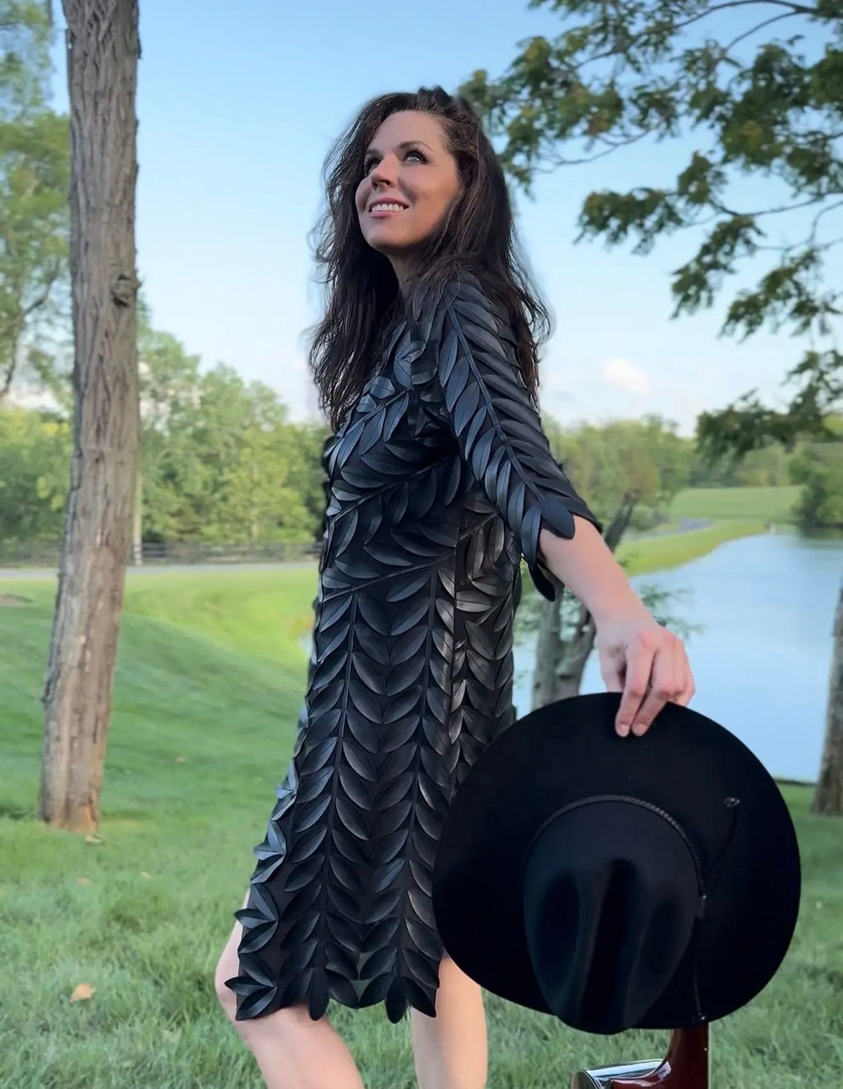 Ellyndale Faux Leather Leaves 3/4 Sleeves Long Jacket in Black - Little Miss Muffin Children & Home