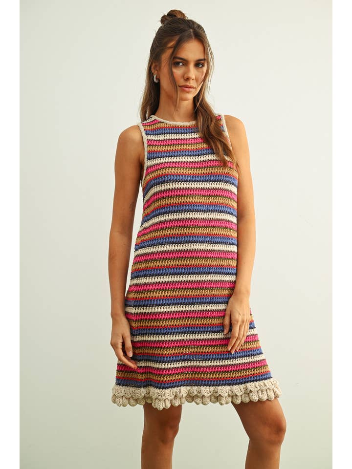 Miou Muse Multi Color Stripe Sleeveless Crochet Dress - Little Miss Muffin Children & Home