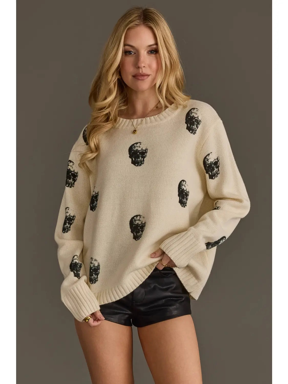 Panache Apparel Ivory Skull Print Crew Neck Sweater