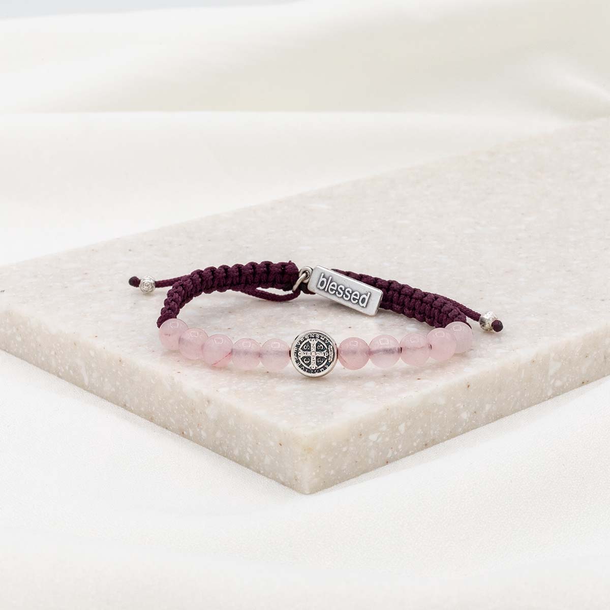 My Saint My Hero Wake Up and Pray Meditation Bracelet - Silver/Eggplant/Rose Quartz -Love - Little Miss Muffin Children & Home
