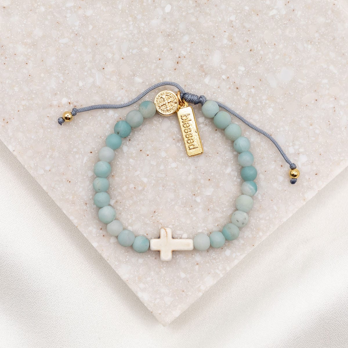 My Saint My Hero Divine Grace Bracelet - Amazonite/White Howlite Cross/Gold Medal/Slate - Little Miss Muffin Children & Home