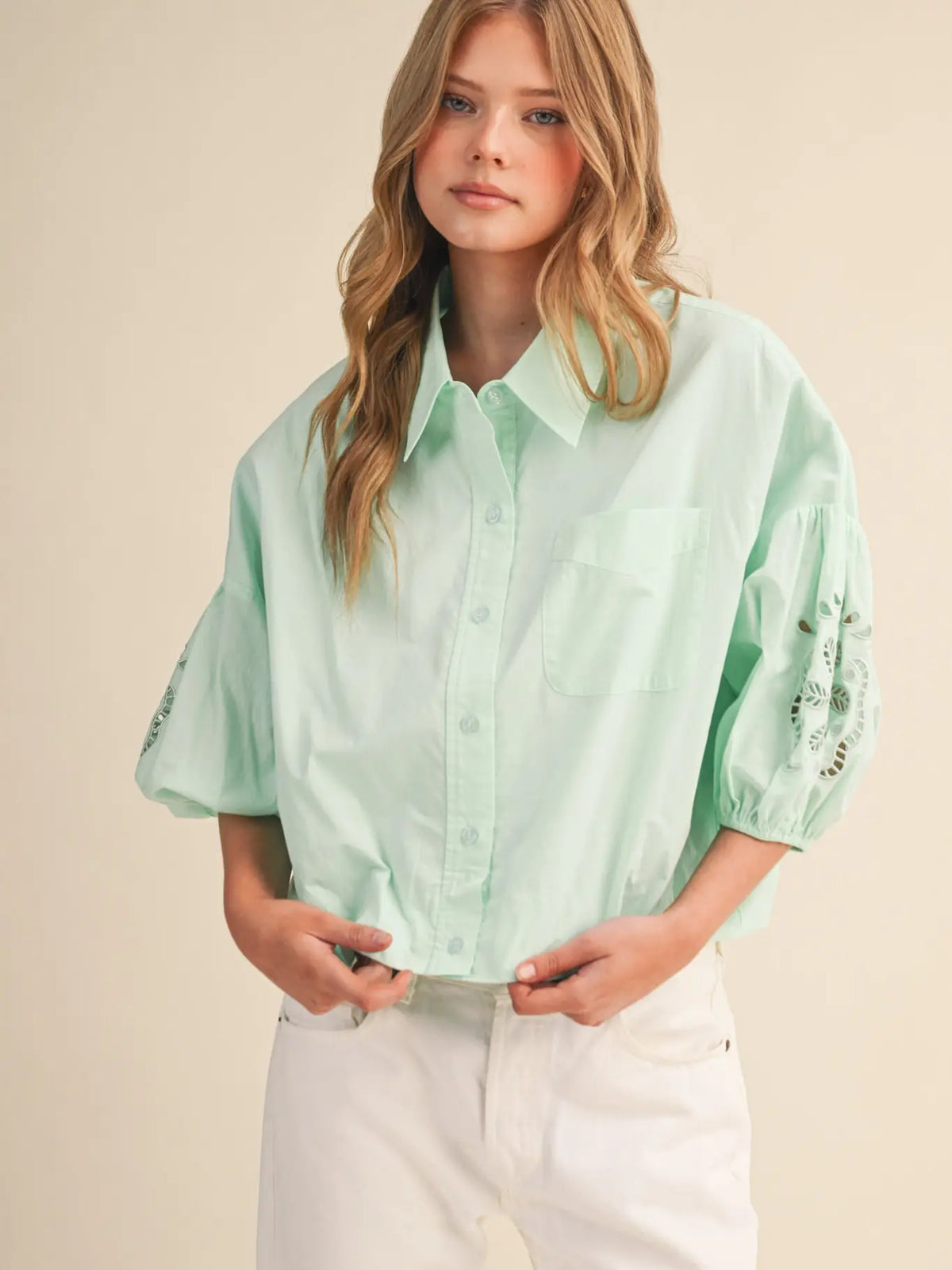 Eyelet Embroidered Puffy Sleeve Button Dow Top in Jelly Mint