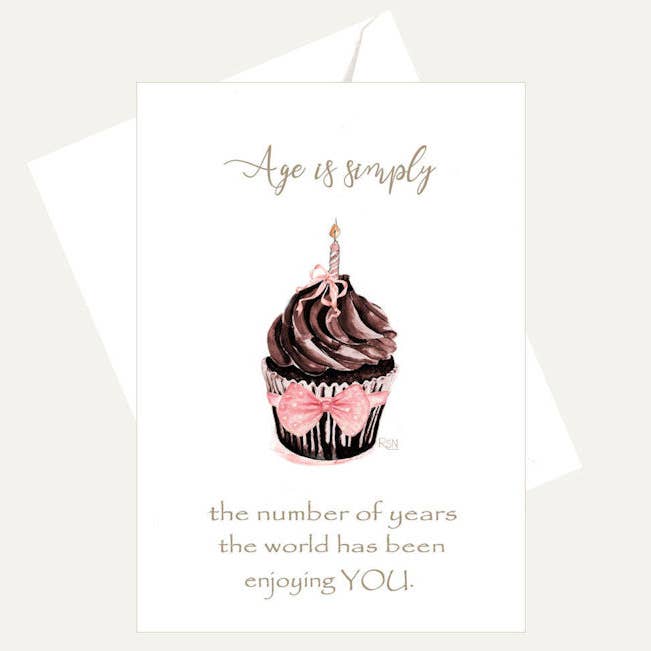 Greeting card with a cupcake illustration and text on a white background