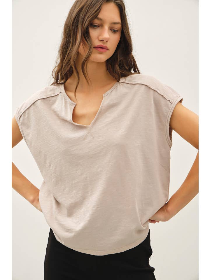 Garment Dyed Oversize Cut Split-V Cotton Slub Tee, 4 Available Colors