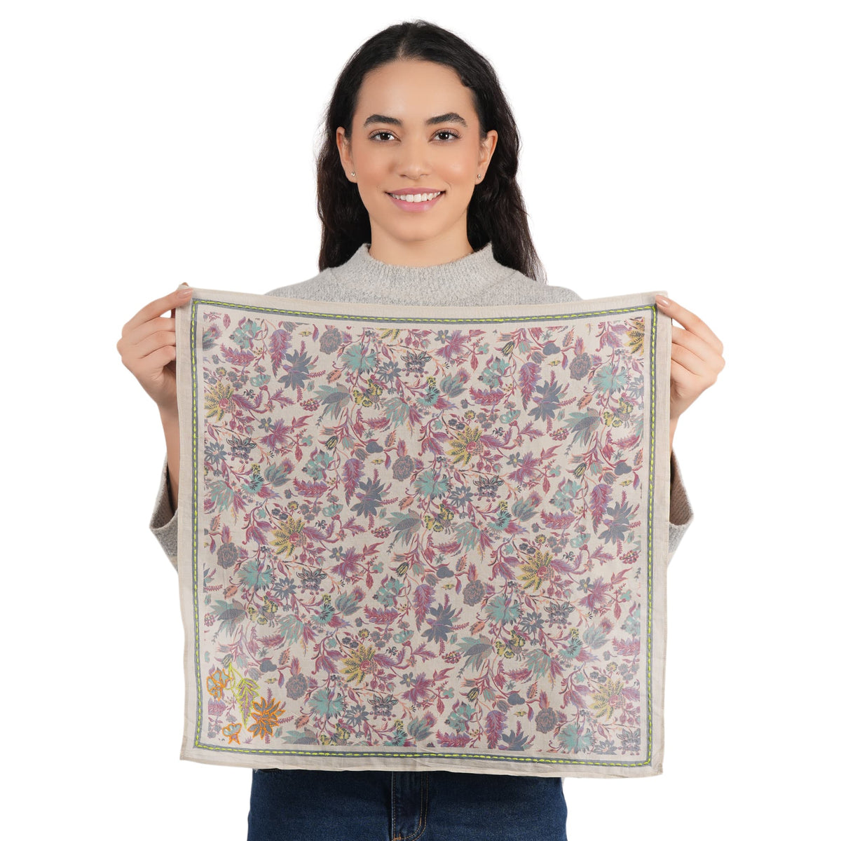 Beige Embroidered Bandana Scarf
