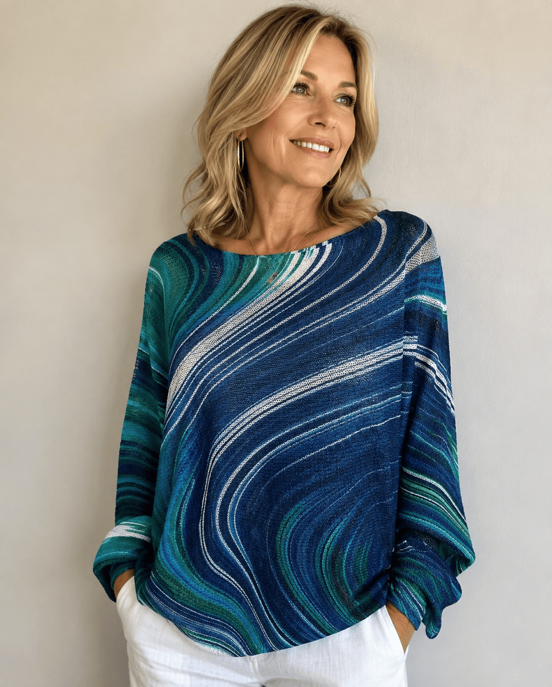 Loowie Wavy Knit Sweater | Navy Teal Wave Print | Made in Italy