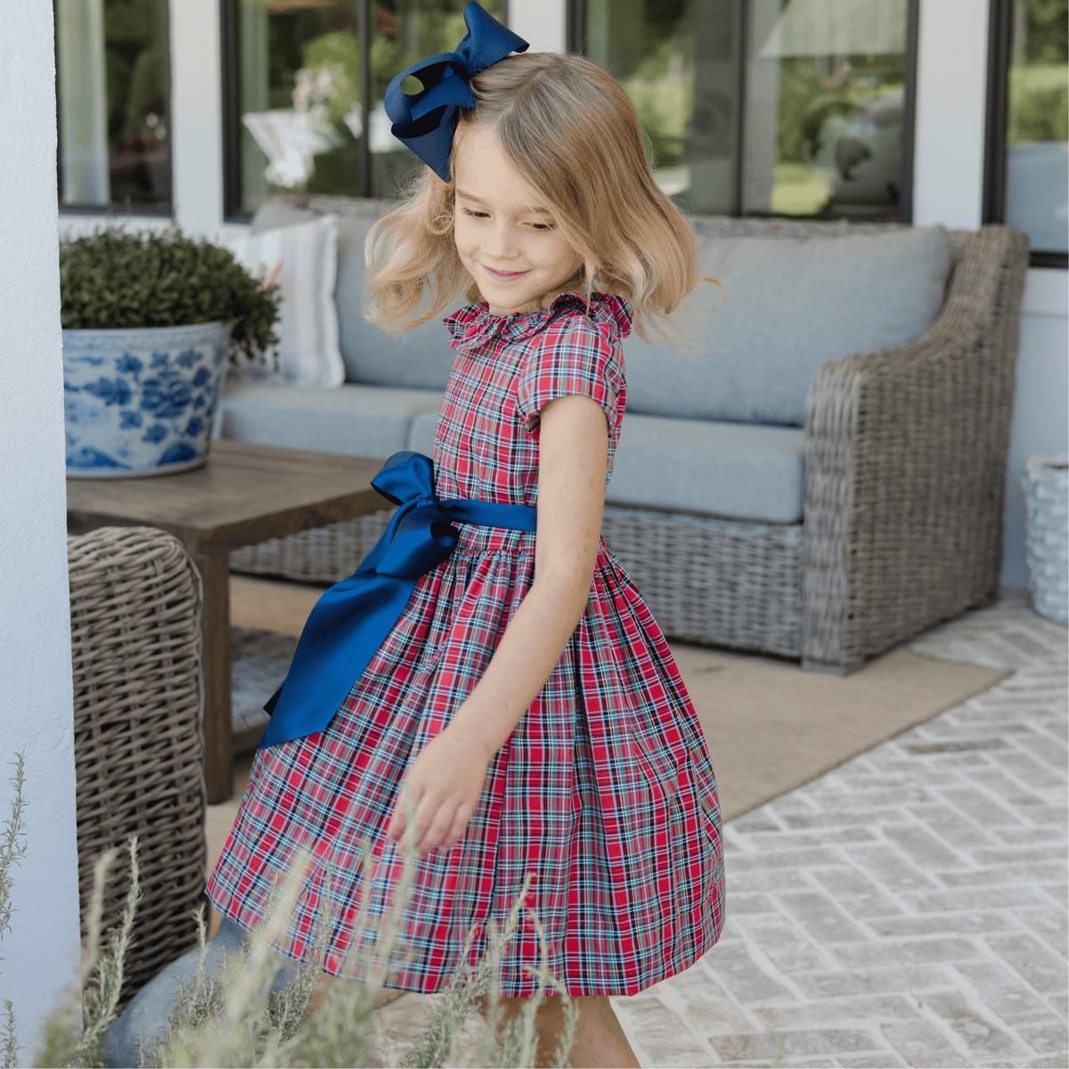 Tartan Plaid Dress with Navy Corduroy Sash Bow for girls by Bailey Boys, view 2