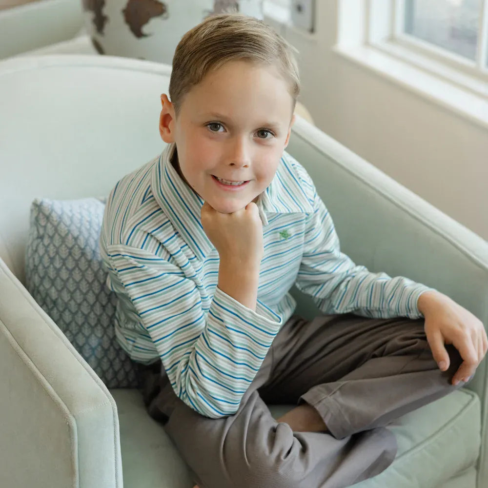 Boys' Olive Striped Long Sleeve Performance Polo