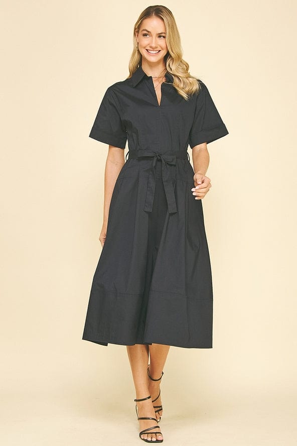 Pinch Short Sleeve Tie Belt Cotton Midi Dress in Ink - Little Miss Muffin Children & Home