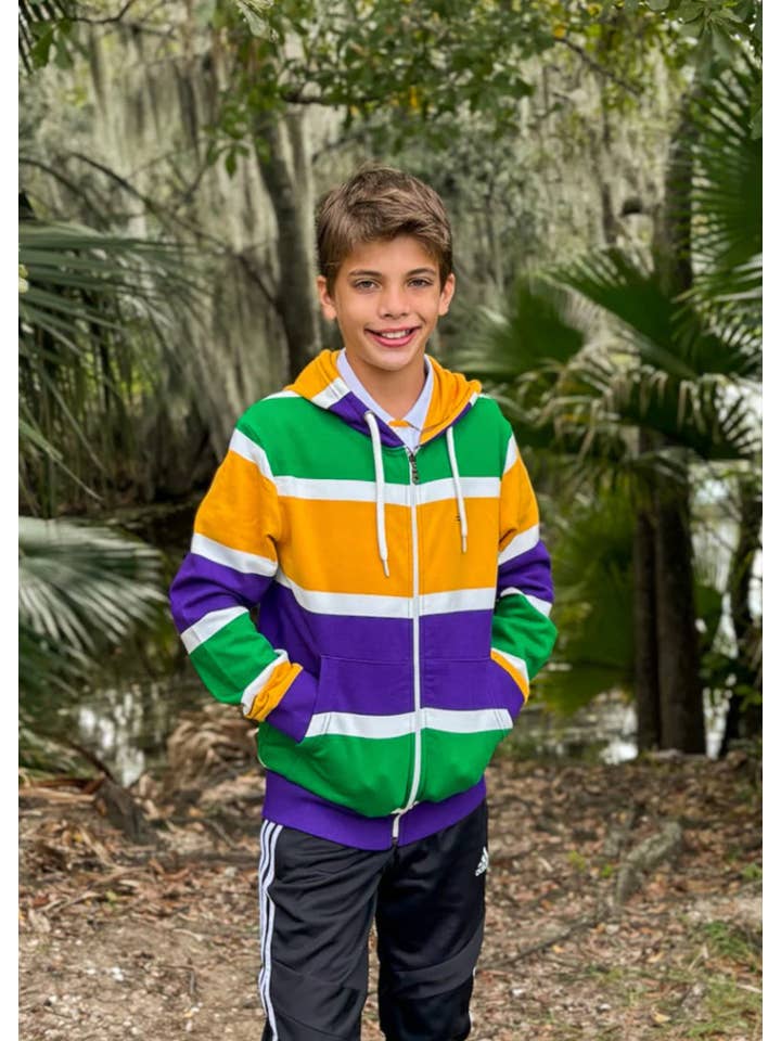 Mardi Gras Creations Thick Stripe Rugby Youth Zip Up Hoodie - Little Miss Muffin Children & Home
