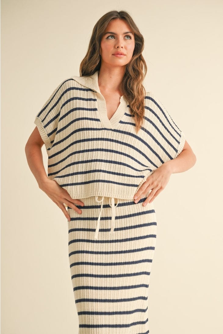 Miou Muse Striped Collared Short Sleeve Lightweight Boxy Sweater - Little Miss Muffin Children & Home