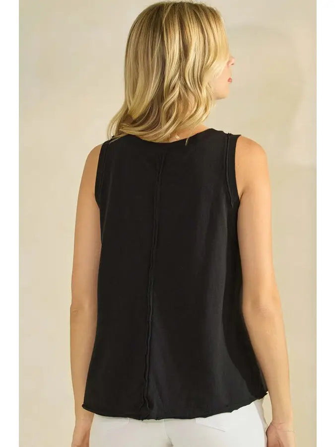 Yelete Soft Cotton Tank with Raw Edge Seams in Black - Little Miss Muffin Children & Home