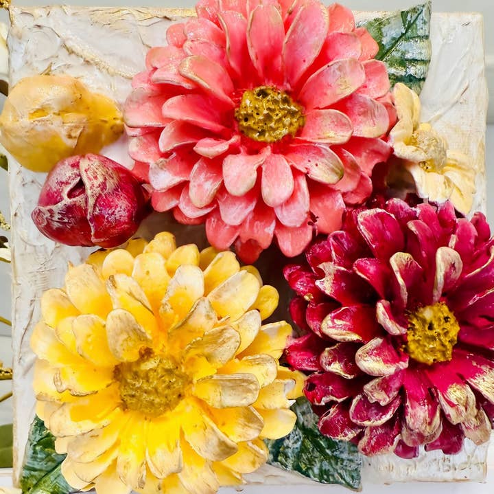 TamScottArt Clay Floral Multi Color Zinnia Sculpted Bouquet 6x6 Artwork - Little Miss Muffin Children & Home