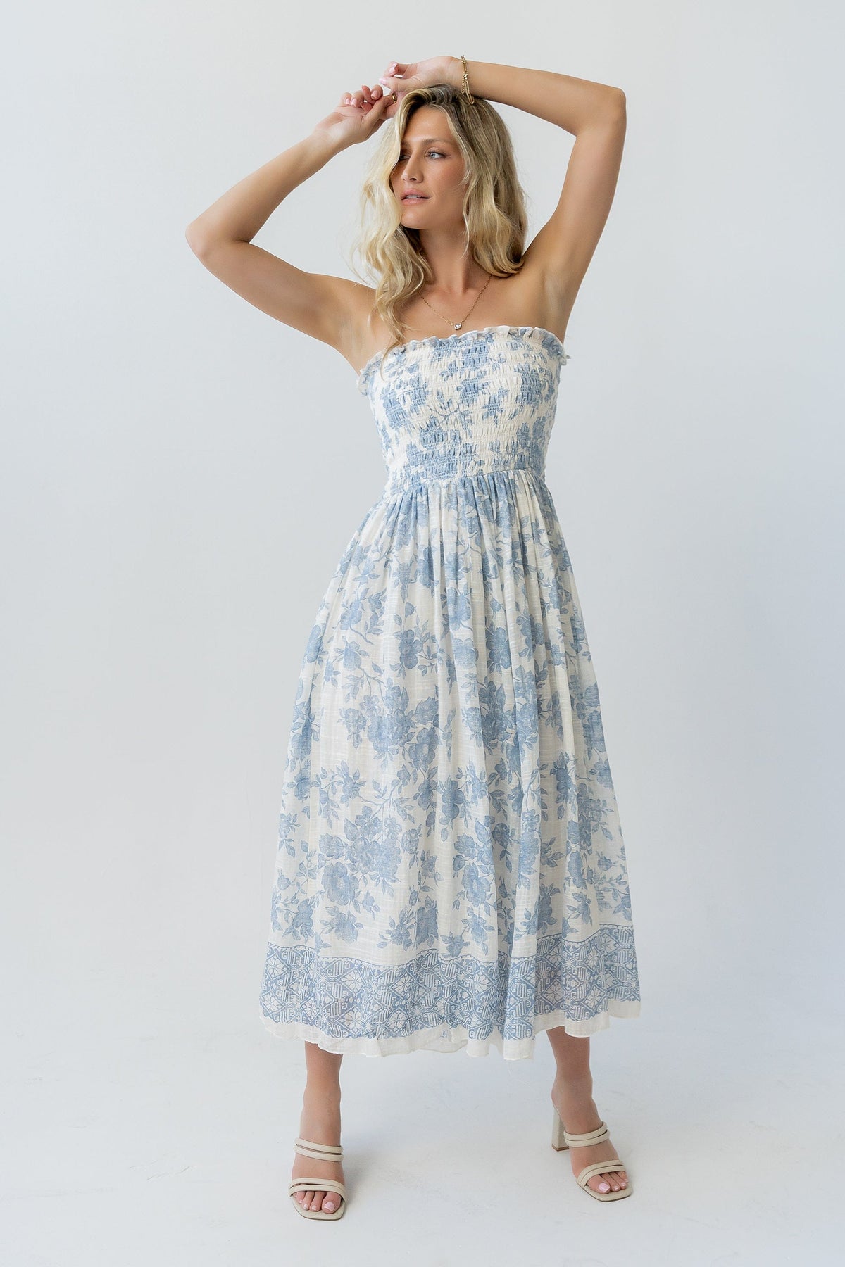 Ivory Blue Floral Smocked Strapless Midi Dress | By Together