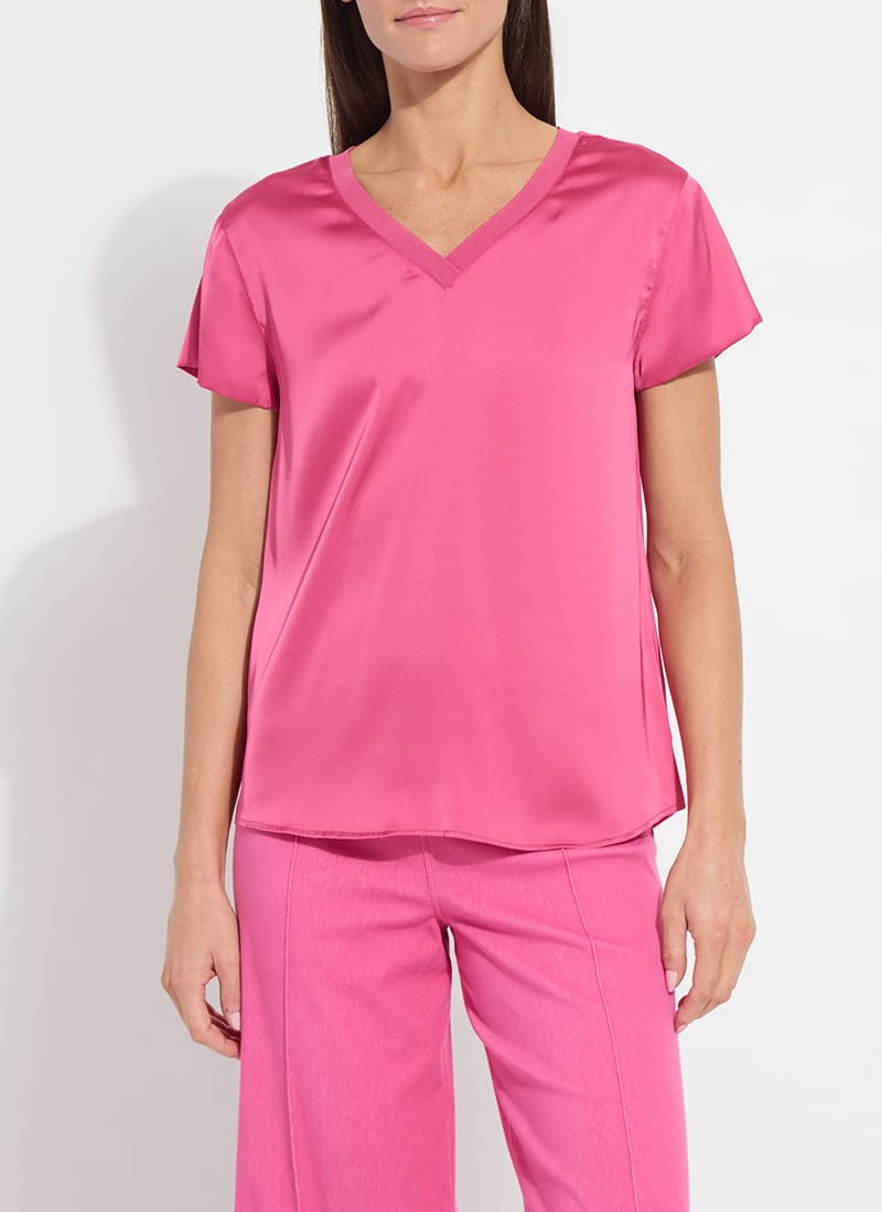 Lysse Saori V-Neck Mix Media Top in Hot Pink