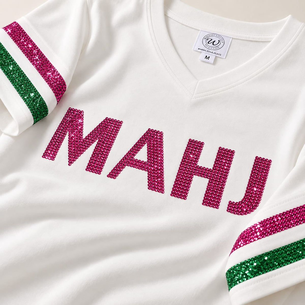 Whereable Art Women's MAHJ Sequin V-Neck Tee with Hot Pink & Green Striped Sleeves