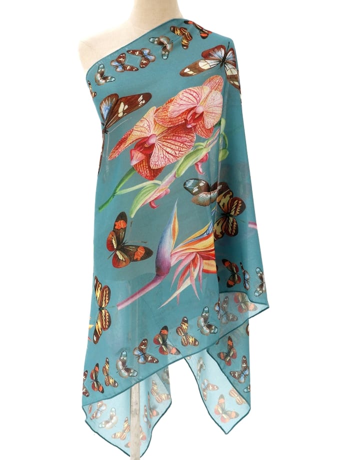 JC Sunny Fashion Teal-Multi Butterfly Orchid Bird of Paradise Floral Scarf - Little Miss Muffin Children & Home