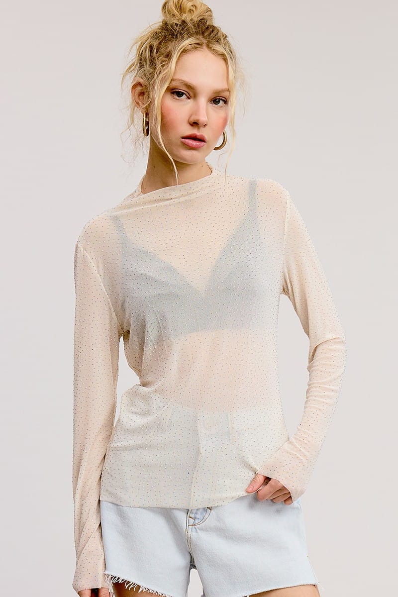 Long Sleeve Rhinestone Sheer Mesh Top