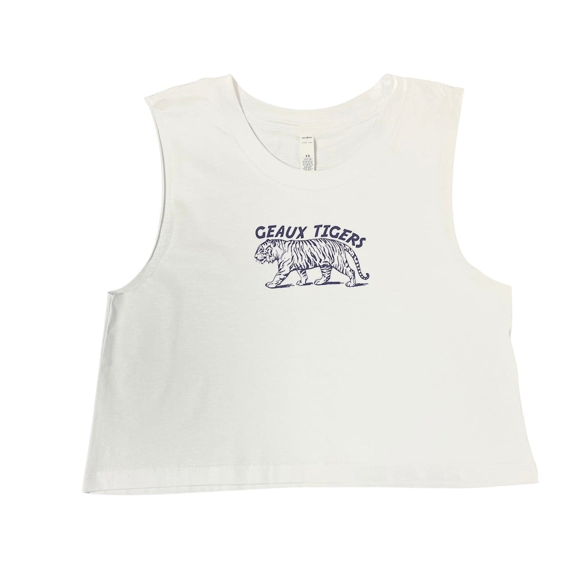 White tank top with a tiger graphic and text on a white background