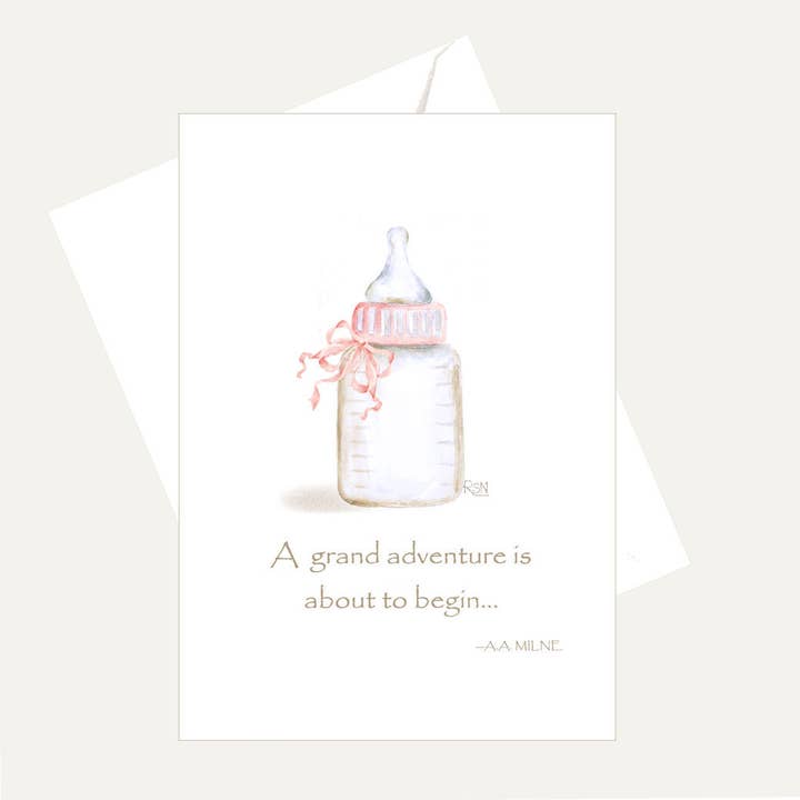 Card with a baby bottle illustration and text on a white background