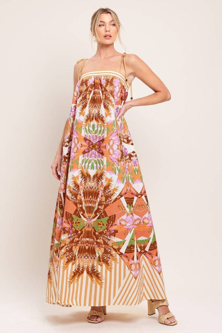 Orange Pink Abstract Stripes Tie Shoulder Printed Woven Maxi Dress