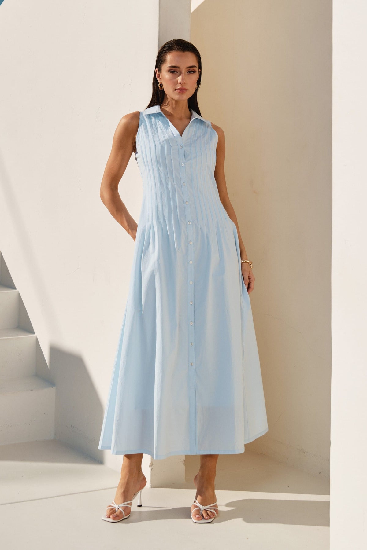 Pintuck Sleeveless Maxi Dress