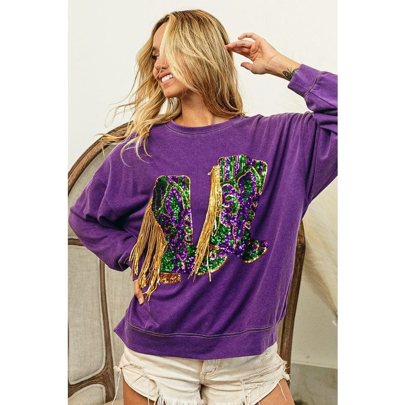 Ive Ive Sequin Mardi Gras Boots with Fringe Trim Pullover in Vintage Violet - Little Miss Muffin Children & Home