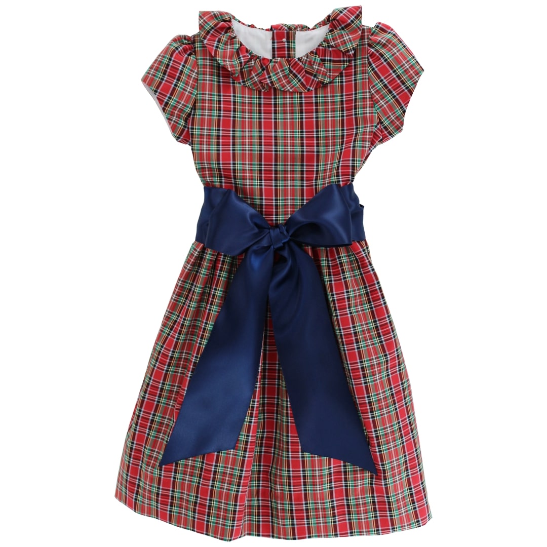 Tartan Plaid Dress with Navy Corduroy Sash Bow for girls by Bailey Boys