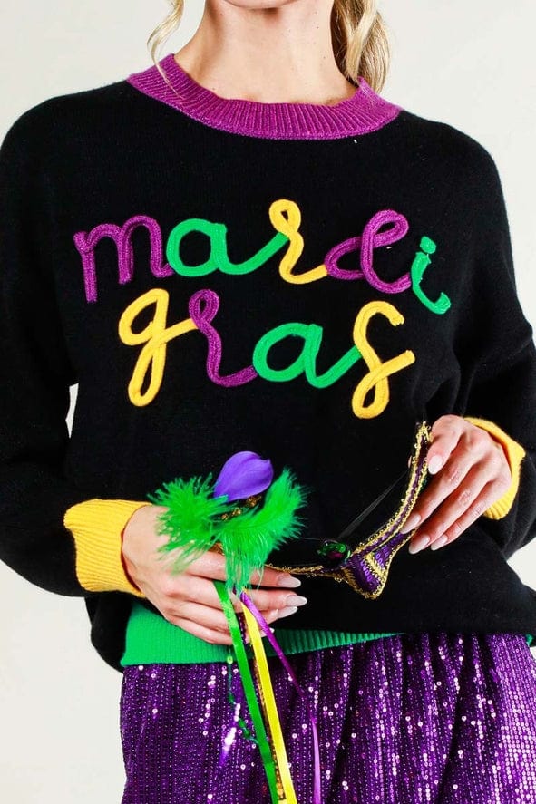 Vine & Love Vine & Love Mardi Gras Contrast Letter Sweater in Black - Little Miss Muffin Children & Home
