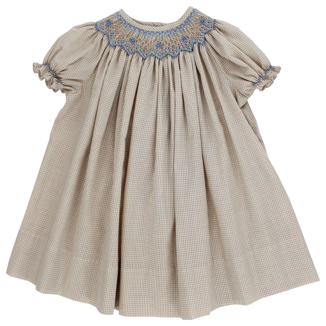 Bailey Boys Khaki Check with Blue Floral Bishop - Little Miss Muffin Children & Home
