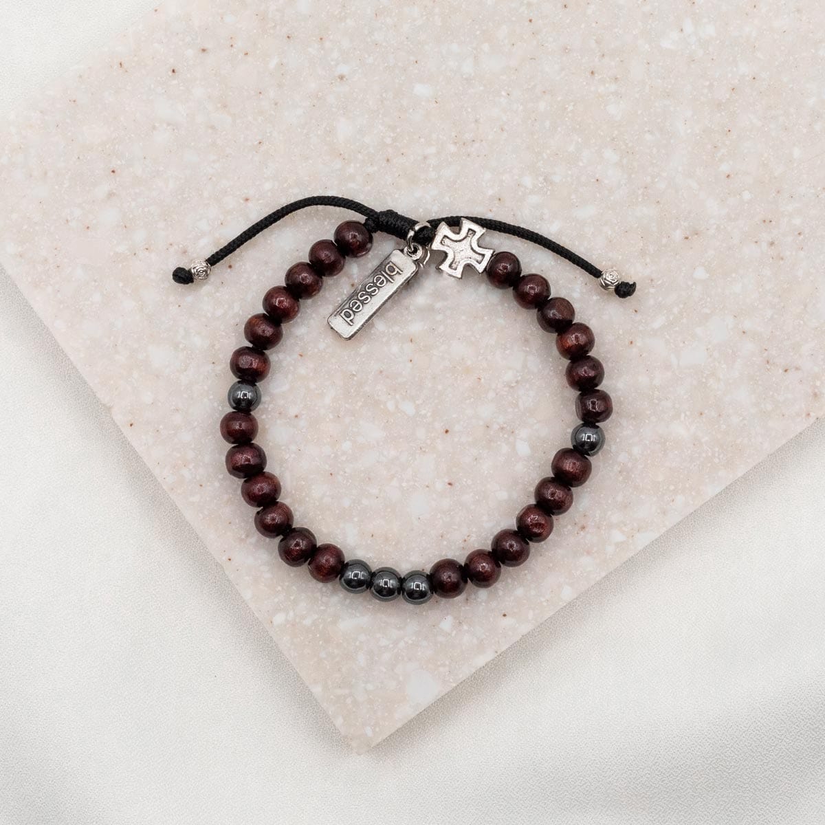My Saint My Hero Family Virtues Bracelet for Him, Wood Beads/Hematite - Little Miss Muffin Children & Home