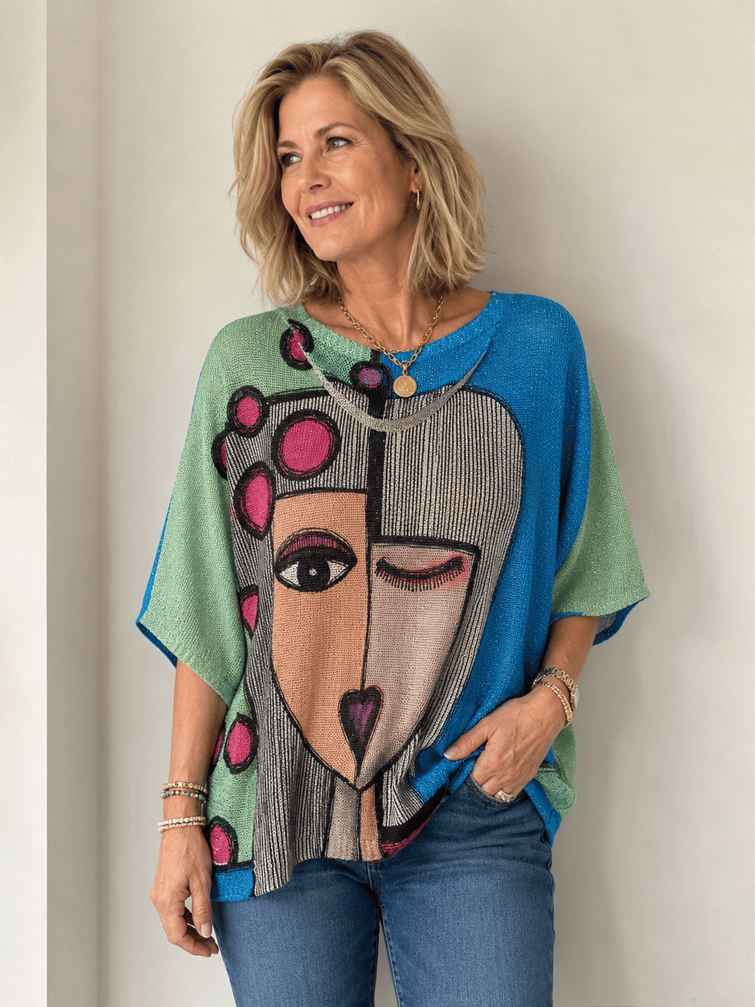 Blue Picasso Art Knit Sweater | Abstract Face Print | 3/4 Dolman Sleeves
