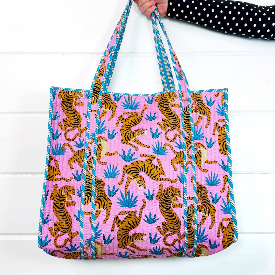 Folklore Couture Light Pink Blue Tiger Print Large Quilted Travel Tote Bag - Little Miss Muffin Children & Home